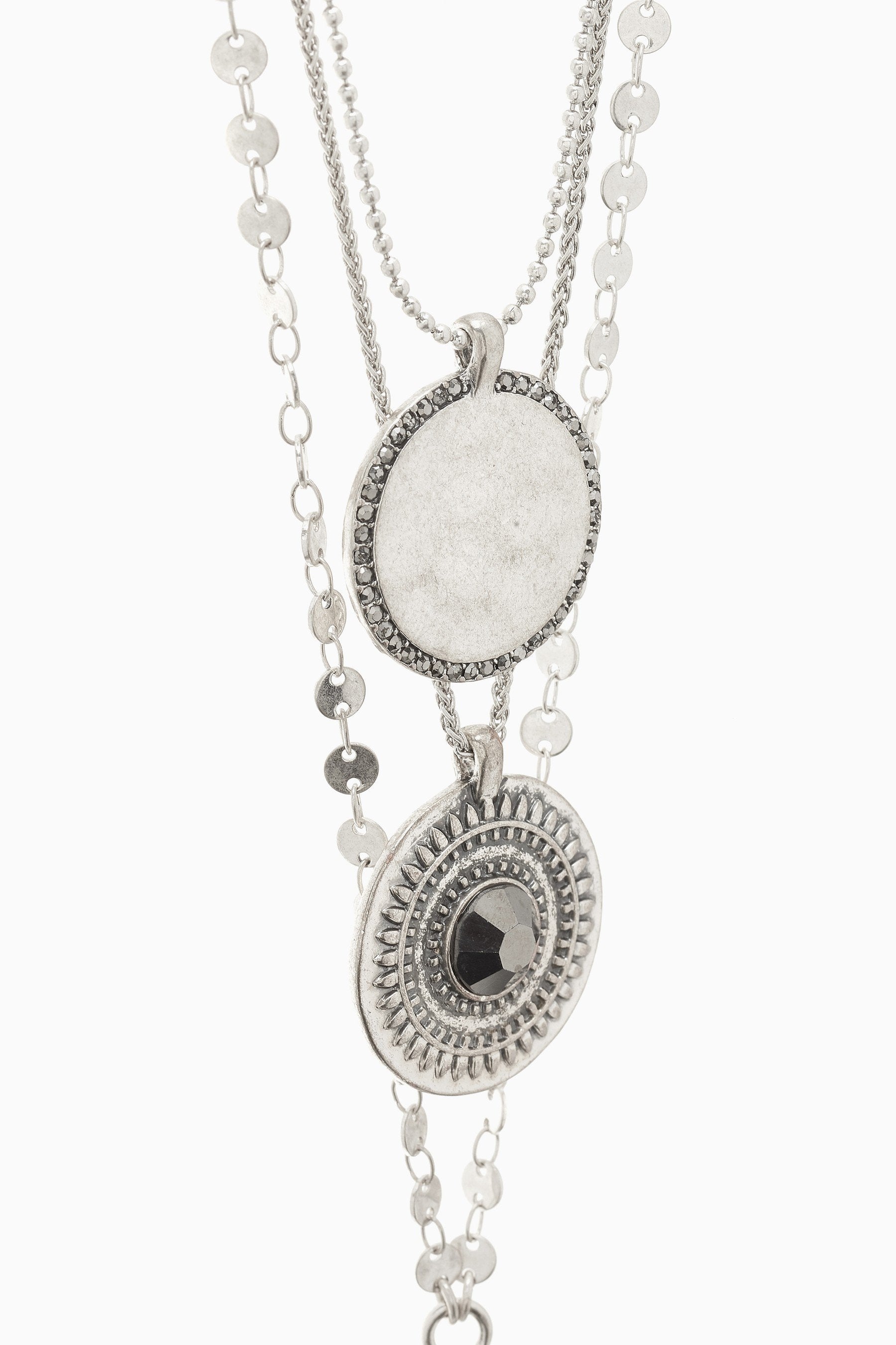 Silver Tone Multi Layer Coin Detail Necklace