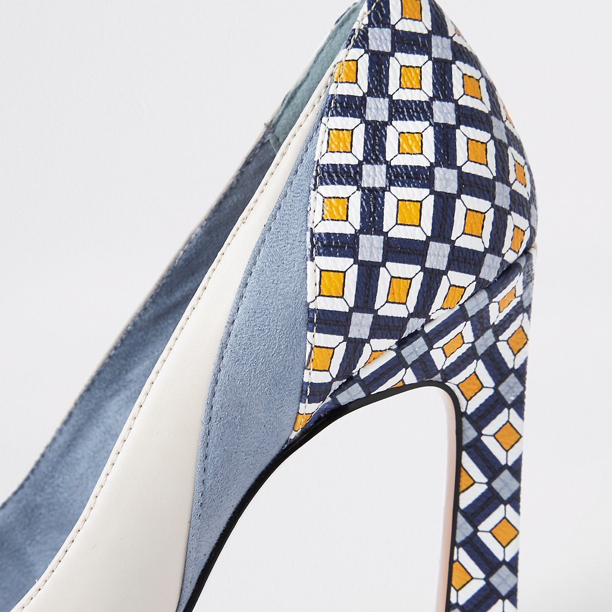 Blue printed block heel court shoes