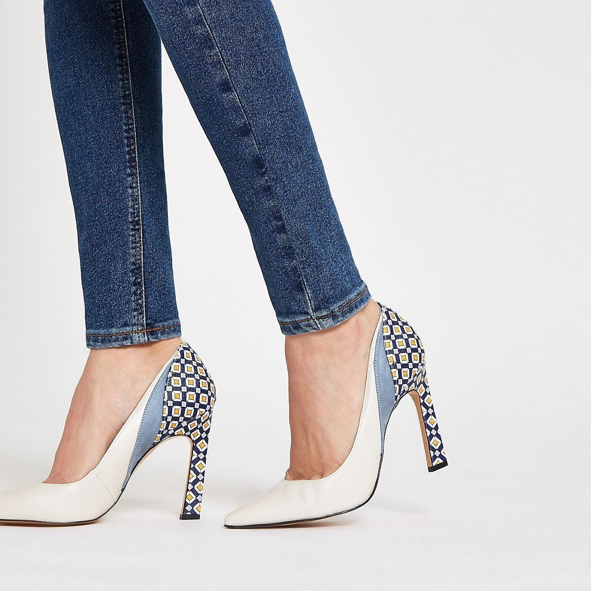 Blue printed block heel court shoes