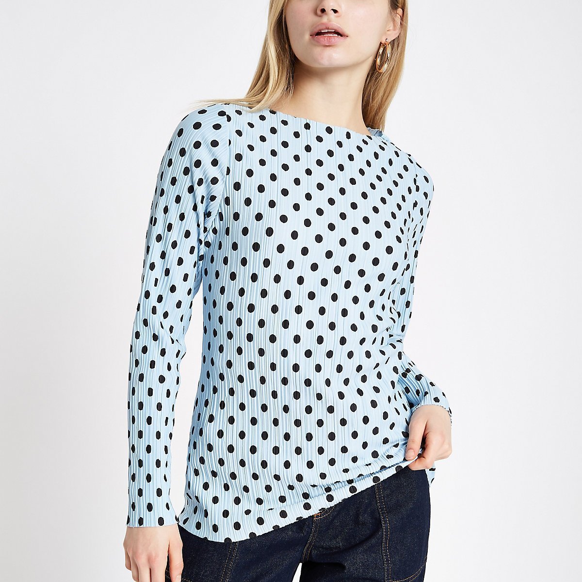 Navy polka dot print high neck top