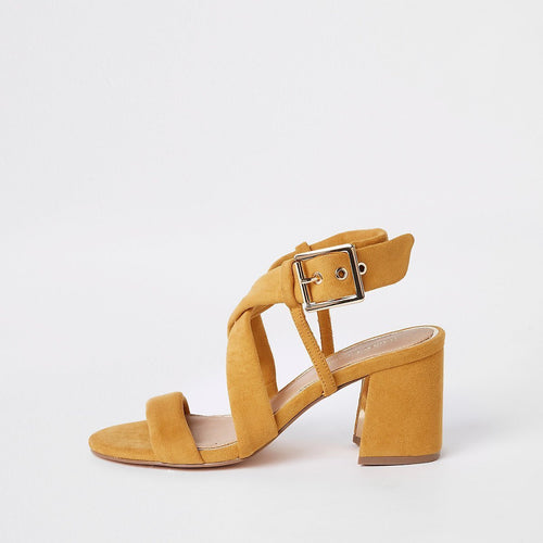 Yellow tie strap block heel sandals