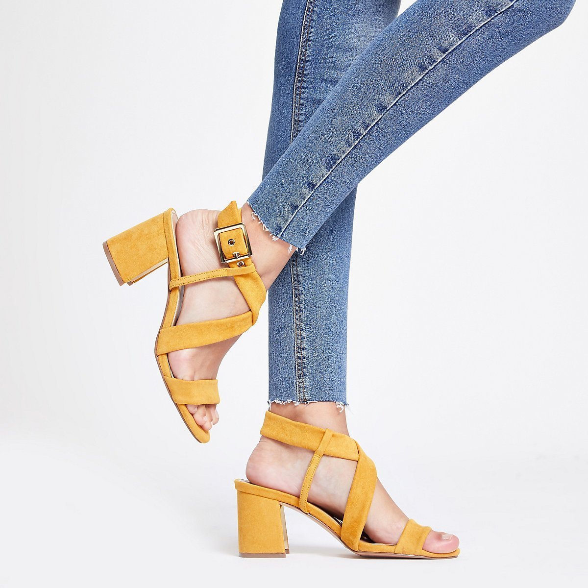 Yellow tie strap block heel sandals