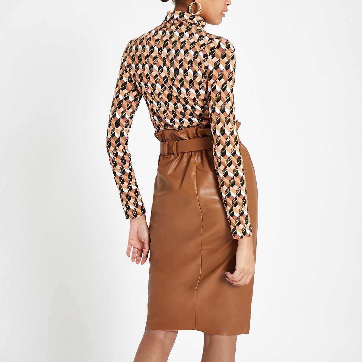 Brown paperbag waist pencil skirt