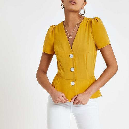 Yellow button front tea top