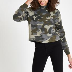 Khaki camo print diamante trim sweatshirt